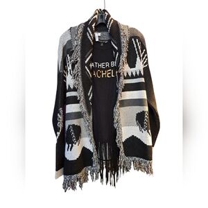 Elan Fringe Long Belted Sweater. Black And White. Southwestern. New